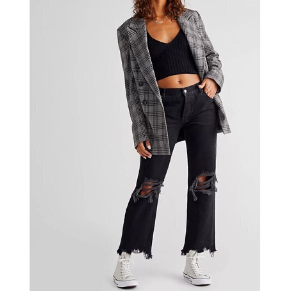 Free People Black Wash Distressed Maggie Mid Rise Straight Leg Jeans